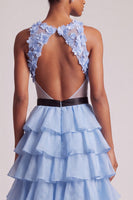 Load image into Gallery viewer, Light Blue Floral Ruffled A-Line Cut Out Tiered Long Prom Dress with Bow