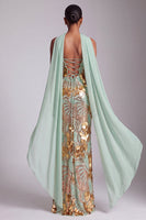 Load image into Gallery viewer, Sparkly Gold Strapless Sheath Long Sequin Prom Dress with Neck Scarf