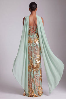 Sparkly Gold Strapless Sheath Long Sequin Prom Dress with Neck Scarf