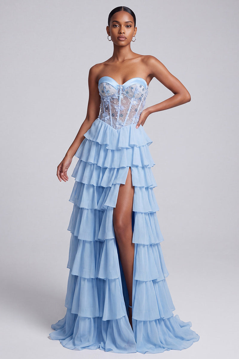 Load image into Gallery viewer, Light Blue Corset Ruffled Sweetheart Sparkly Tiered Long Prom Dress with Slit