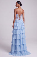 Load image into Gallery viewer, Light Blue Corset Ruffled Sweetheart Sparkly Tiered Long Prom Dress with Slit