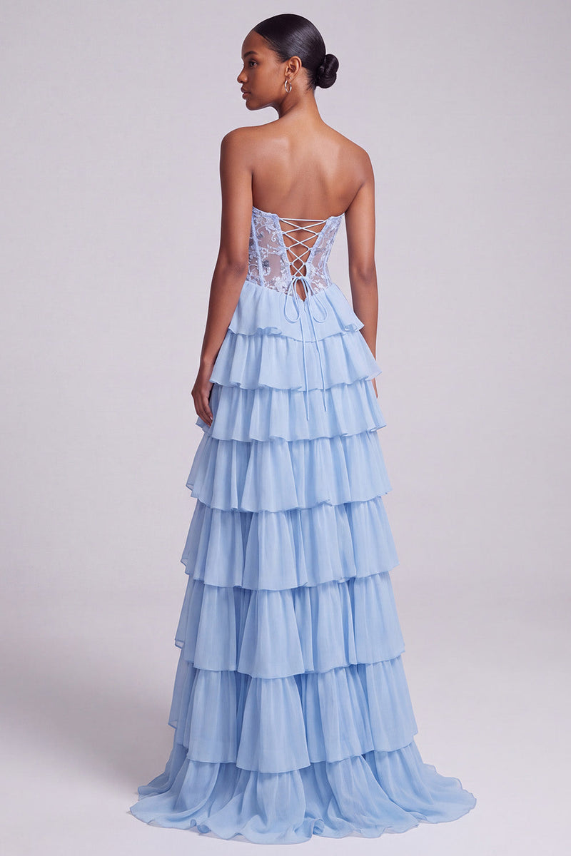 Load image into Gallery viewer, Light Blue Corset Ruffled Sweetheart Sparkly Tiered Long Prom Dress with Slit