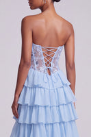 Load image into Gallery viewer, Light Blue Corset Ruffled Sweetheart Sparkly Tiered Long Prom Dress with Slit