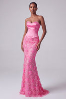Load image into Gallery viewer, Sparkly Hot Pink Floral Beaded Sweetheart Corset Mermaid Long Prom Dress
