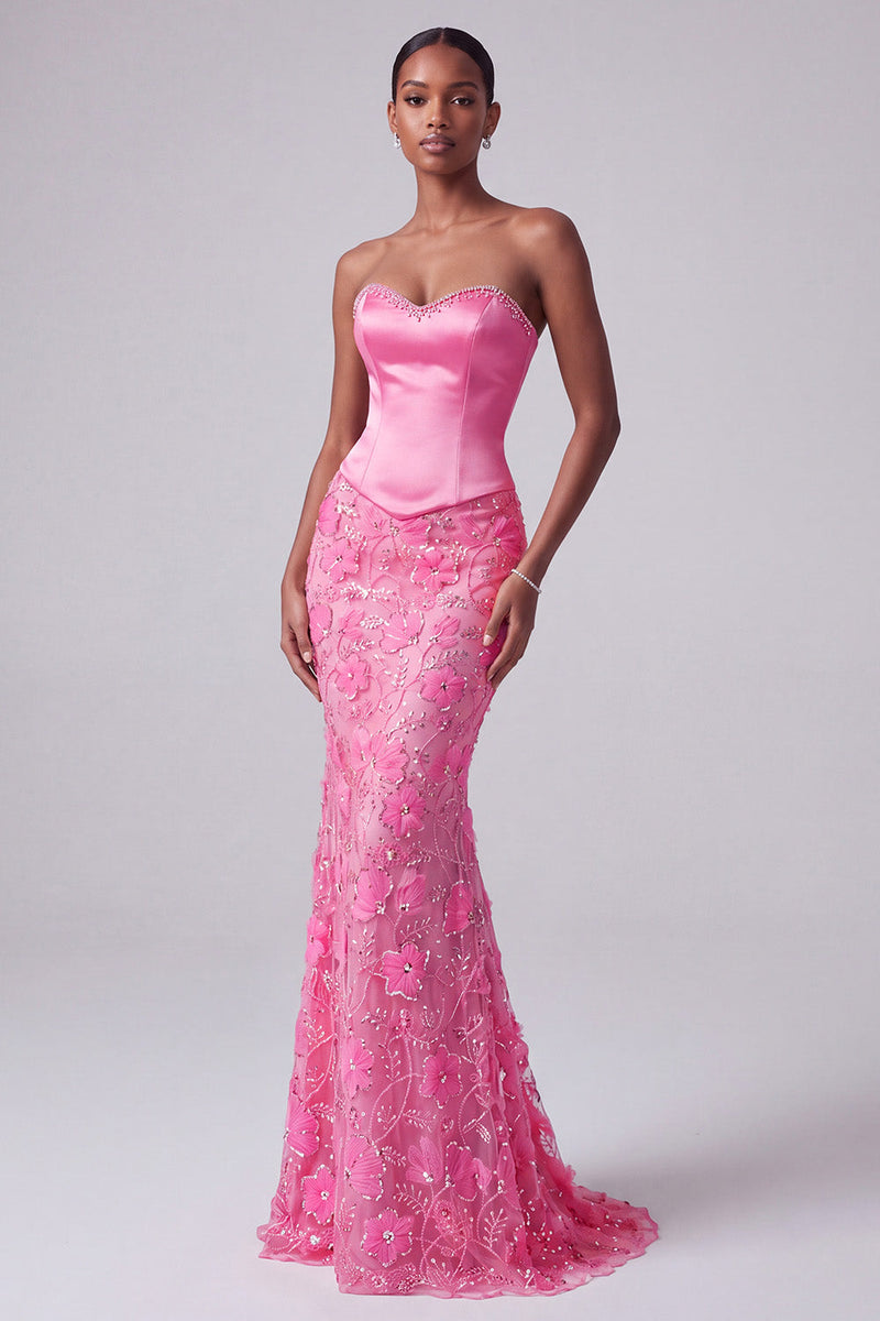 Load image into Gallery viewer, Sparkly Hot Pink Floral Beaded Sweetheart Corset Mermaid Long Prom Dress