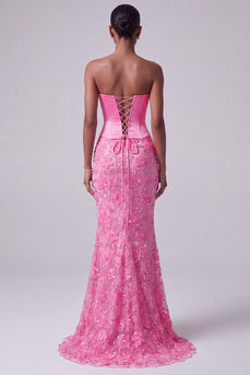 Sparkly Hot Pink Floral Beaded Sweetheart Corset Mermaid Long Prom Dress
