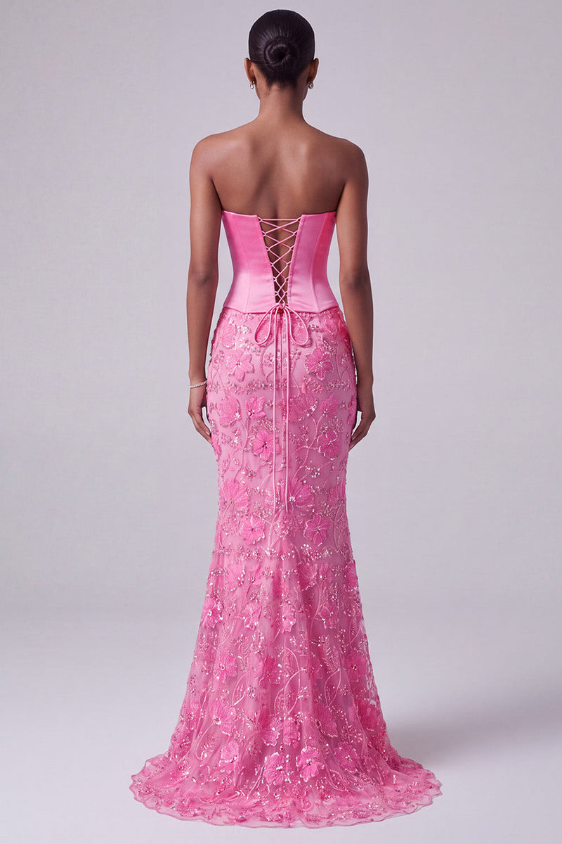 Load image into Gallery viewer, Sparkly Hot Pink Floral Beaded Sweetheart Corset Mermaid Long Prom Dress