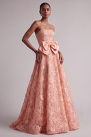 Load image into Gallery viewer, Peach Sparkly Sequin A-Line Floral Strapless Long Prom Dress with Bow