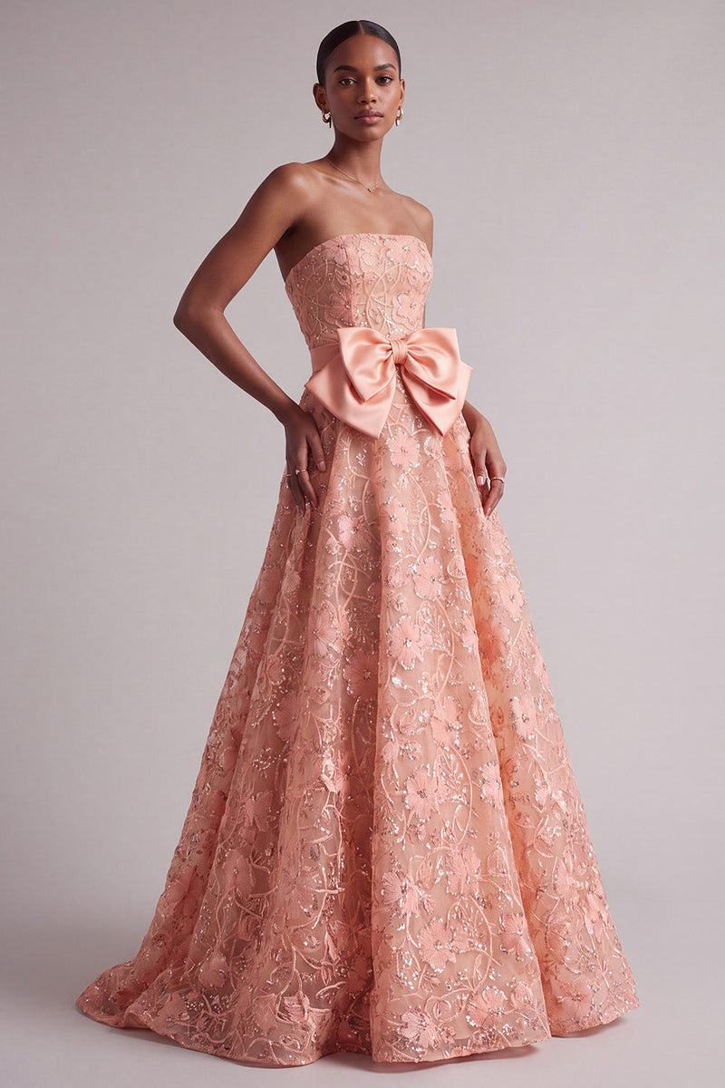Load image into Gallery viewer, Peach Sparkly Sequin A-Line Floral Strapless Long Prom Dress with Bow