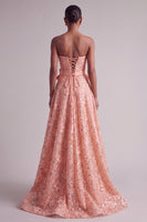 Load image into Gallery viewer, Peach Sparkly Sequin A-Line Floral Strapless Long Prom Dress with Bow