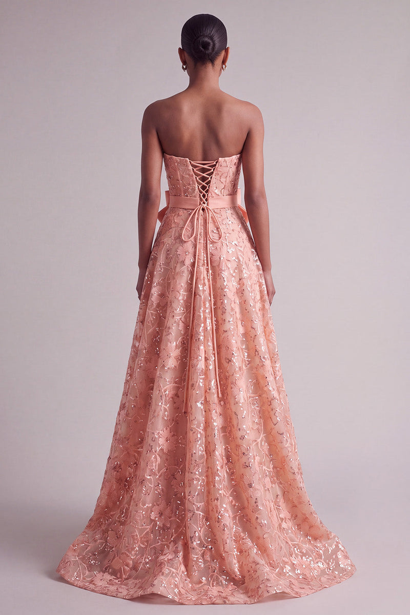Load image into Gallery viewer, Peach Sparkly Sequin A-Line Floral Strapless Long Prom Dress with Bow