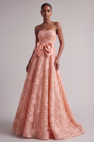 Load image into Gallery viewer, Peach Sparkly Sequin A-Line Floral Strapless Long Prom Dress with Bow