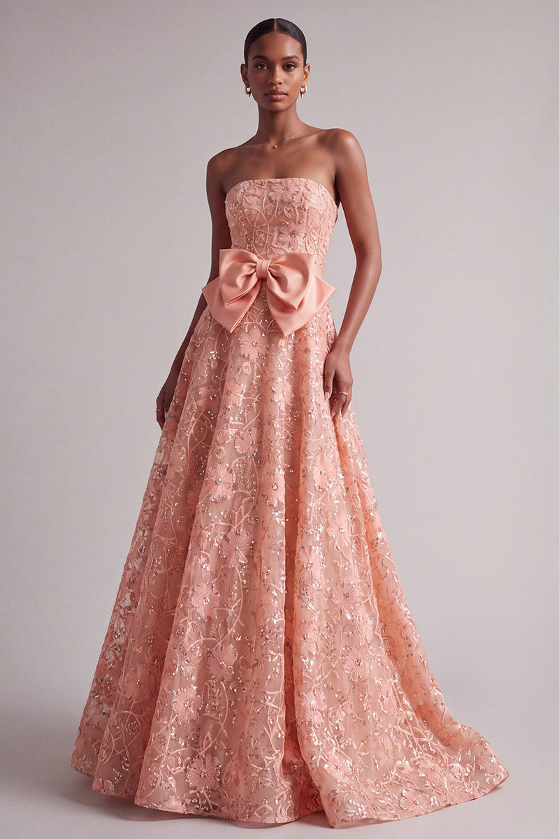 Load image into Gallery viewer, Peach Sparkly Sequin A-Line Floral Strapless Long Prom Dress with Bow