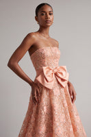 Load image into Gallery viewer, Peach Sparkly Sequin A-Line Floral Strapless Long Prom Dress with Bow