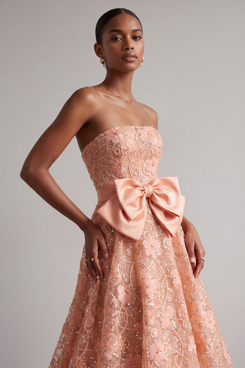 Load image into Gallery viewer, Peach Sparkly Sequin A-Line Floral Strapless Long Prom Dress with Bow
