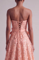 Load image into Gallery viewer, Peach Sparkly Sequin A-Line Floral Strapless Long Prom Dress with Bow