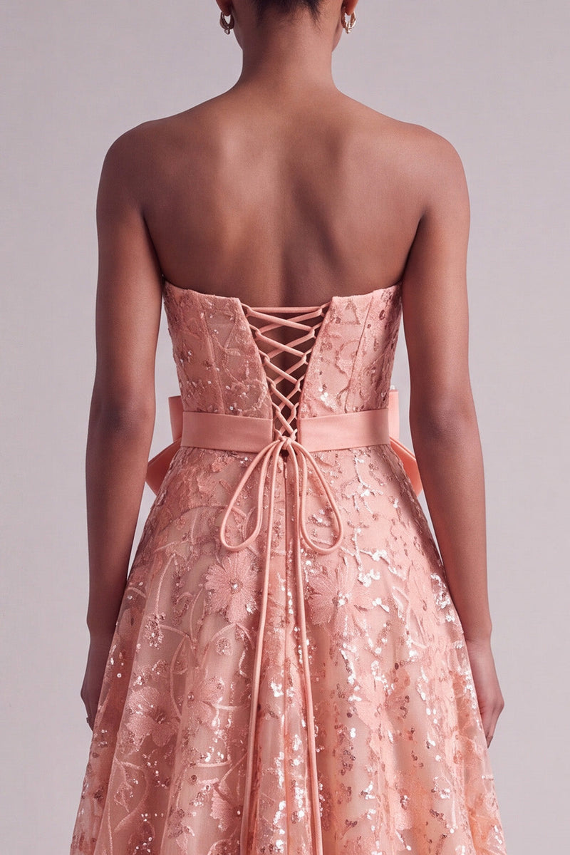 Load image into Gallery viewer, Peach Sparkly Sequin A-Line Floral Strapless Long Prom Dress with Bow