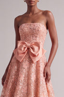 Load image into Gallery viewer, Peach Sparkly Sequin A-Line Floral Strapless Long Prom Dress with Bow
