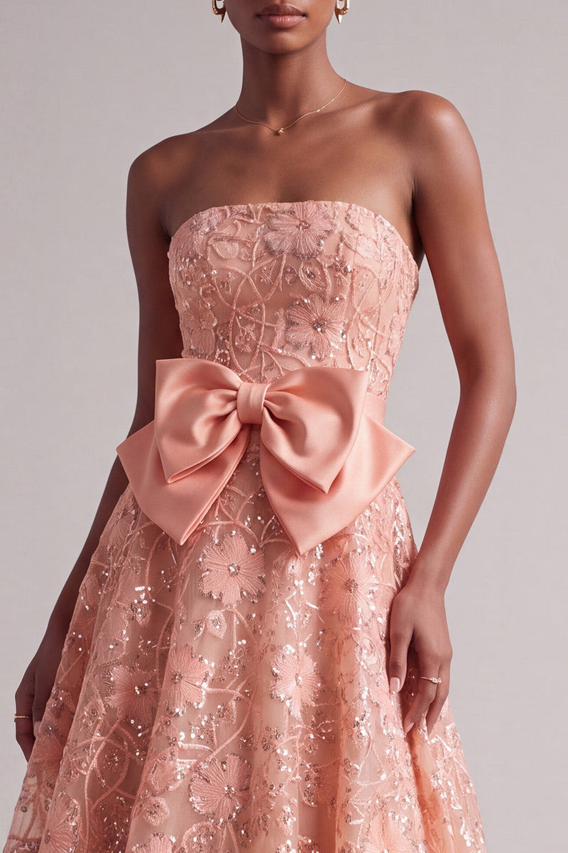Load image into Gallery viewer, Peach Sparkly Sequin A-Line Floral Strapless Long Prom Dress with Bow