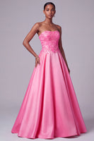 Load image into Gallery viewer, Sparkly Floral Hot Pink A-Line Strapless Satin Long Prom Dress