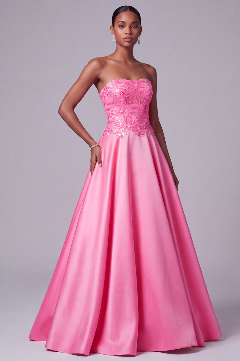 Load image into Gallery viewer, Sparkly Floral Hot Pink A-Line Strapless Satin Long Prom Dress