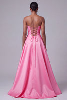 Load image into Gallery viewer, Sparkly Floral Hot Pink A-Line Strapless Satin Long Prom Dress