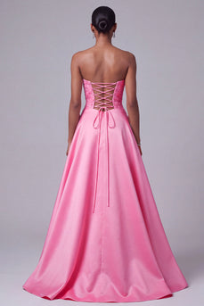 Sparkly Floral Hot Pink A-Line Strapless Satin Long Prom Dress