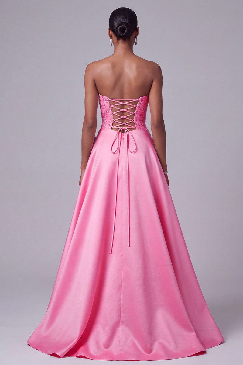 Load image into Gallery viewer, Sparkly Floral Hot Pink A-Line Strapless Satin Long Prom Dress