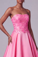 Load image into Gallery viewer, Sparkly Floral Hot Pink A-Line Strapless Satin Long Prom Dress
