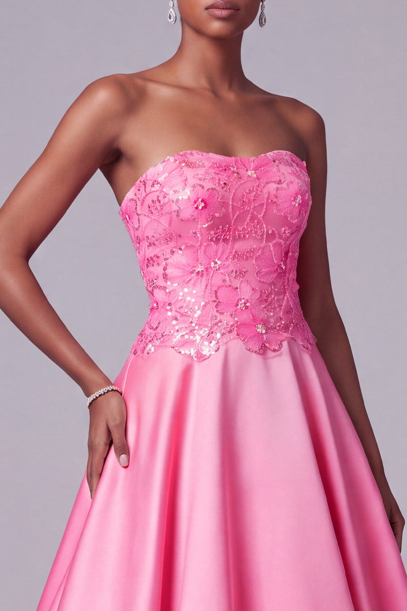 Load image into Gallery viewer, Sparkly Floral Hot Pink A-Line Strapless Satin Long Prom Dress