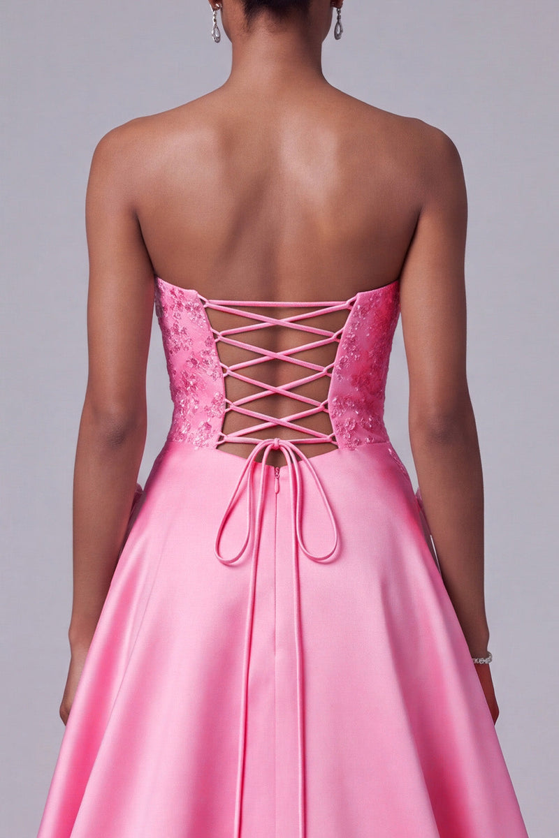 Load image into Gallery viewer, Sparkly Floral Hot Pink A-Line Strapless Satin Long Prom Dress