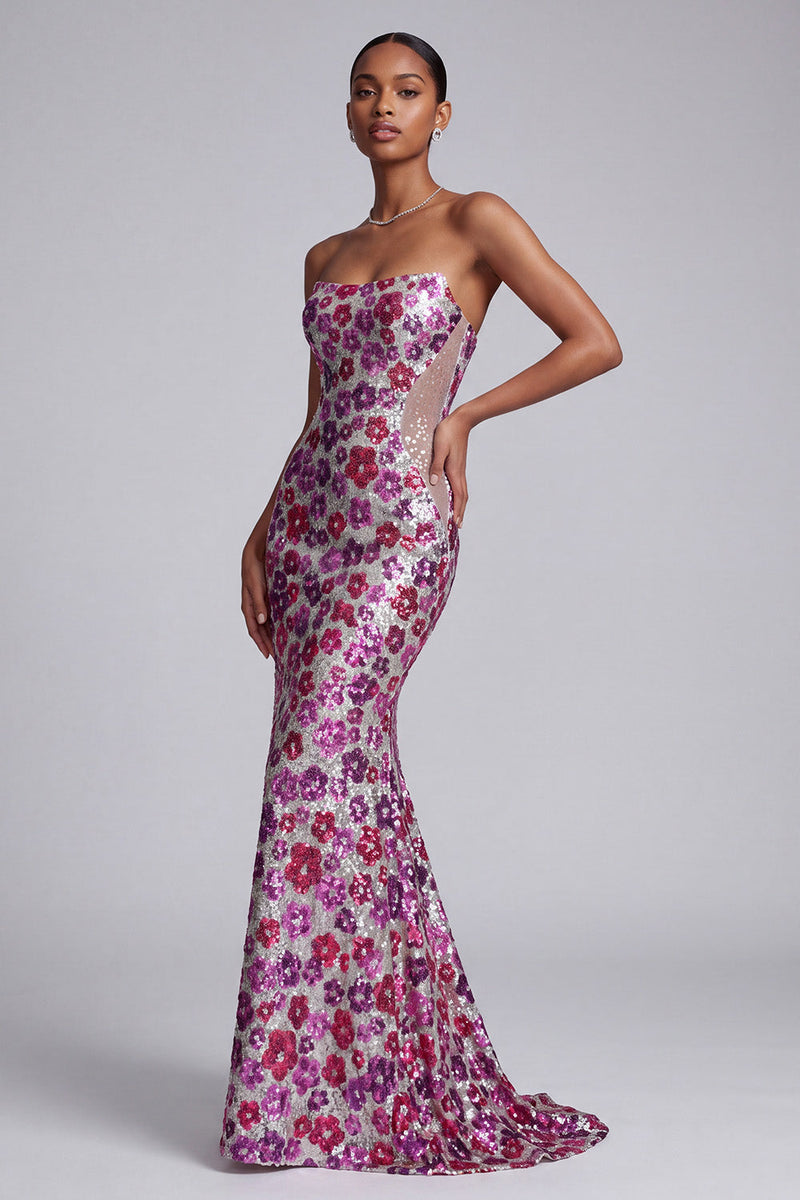 Load image into Gallery viewer, Mermaid Strapless Sequin Sparkly Fuchsia Cut Out Floral Long Prom Dress