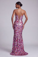 Load image into Gallery viewer, Mermaid Strapless Sequin Sparkly Fuchsia Cut Out Floral Long Prom Dress