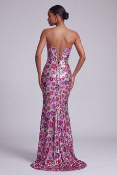 Mermaid Strapless Sequin Sparkly Fuchsia Cut Out Floral Long Prom Dress