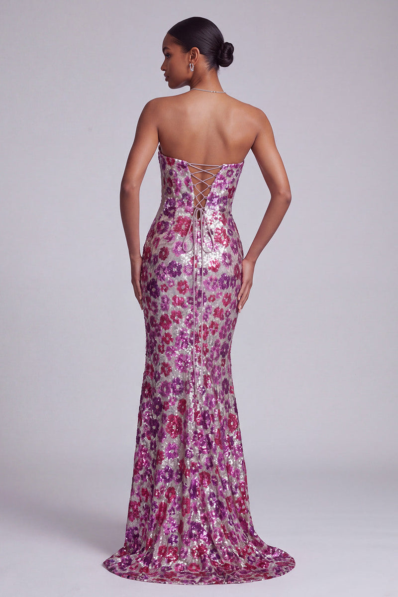 Load image into Gallery viewer, Mermaid Strapless Sequin Sparkly Fuchsia Cut Out Floral Long Prom Dress