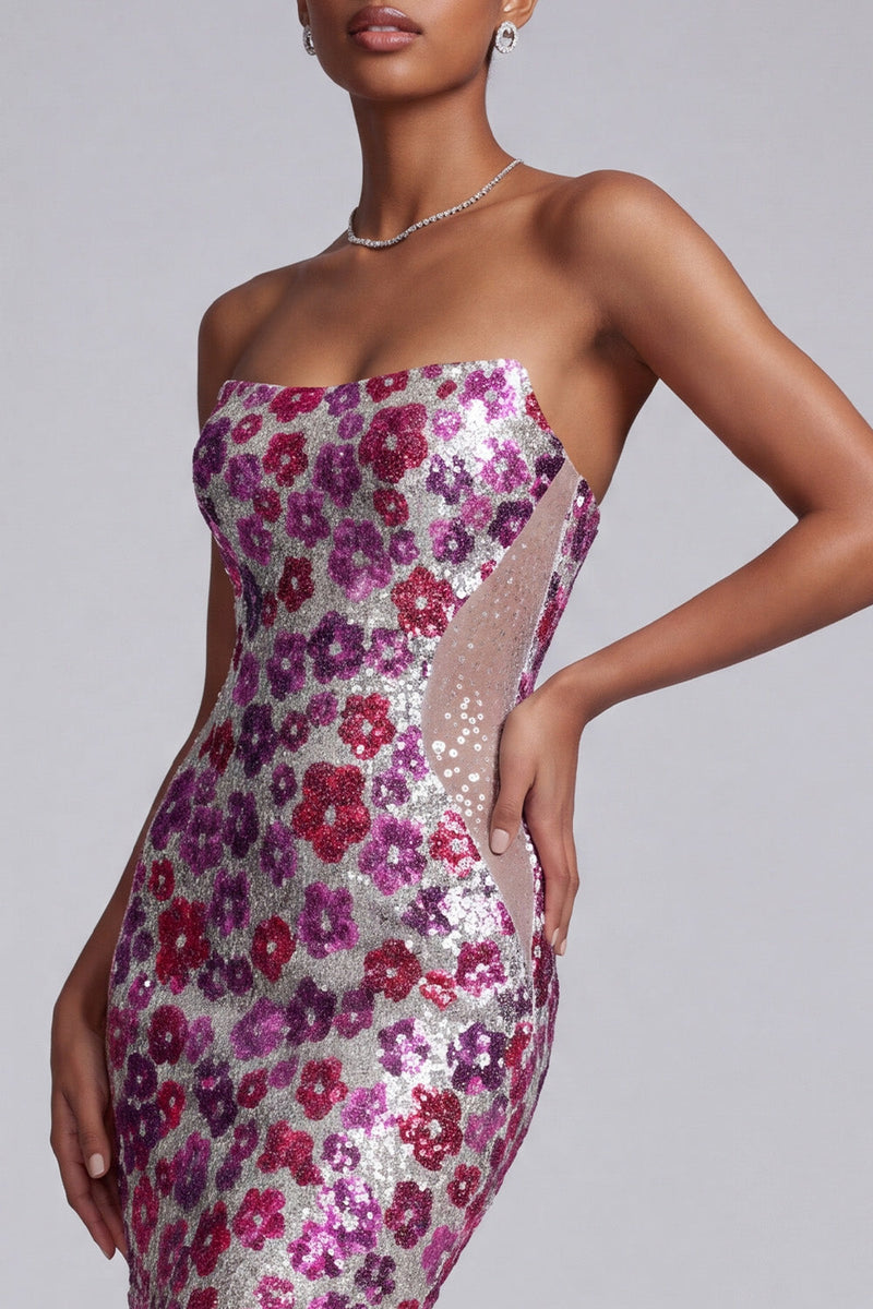 Load image into Gallery viewer, Mermaid Strapless Sequin Sparkly Fuchsia Cut Out Floral Long Prom Dress