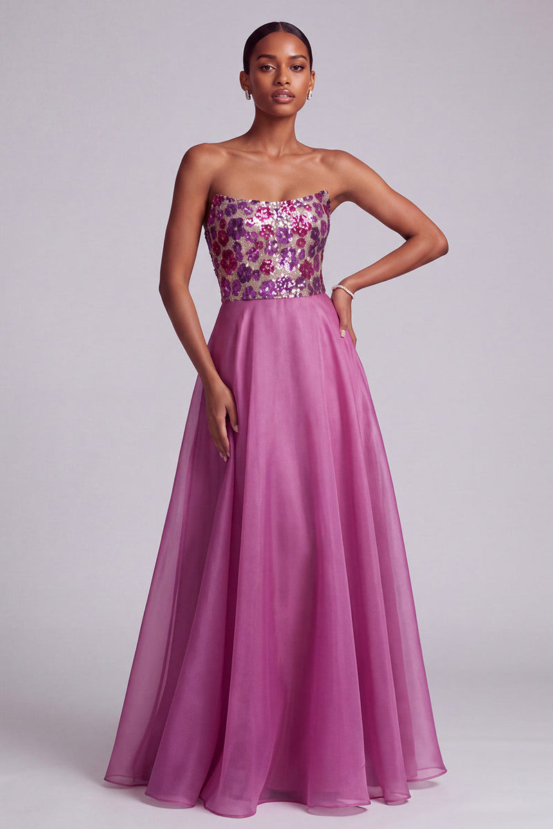 Load image into Gallery viewer, Sparkly Fuchsia Floral Strapless A-Line Long Prom Dress with Sequins
