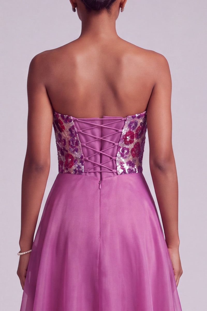 Load image into Gallery viewer, Sparkly Fuchsia Floral Strapless A-Line Long Prom Dress with Sequins