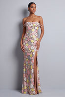 Load image into Gallery viewer, Sparkly Pink Sequin Floral Off the Shoulder Mermaid Long Prom Dress with Slit