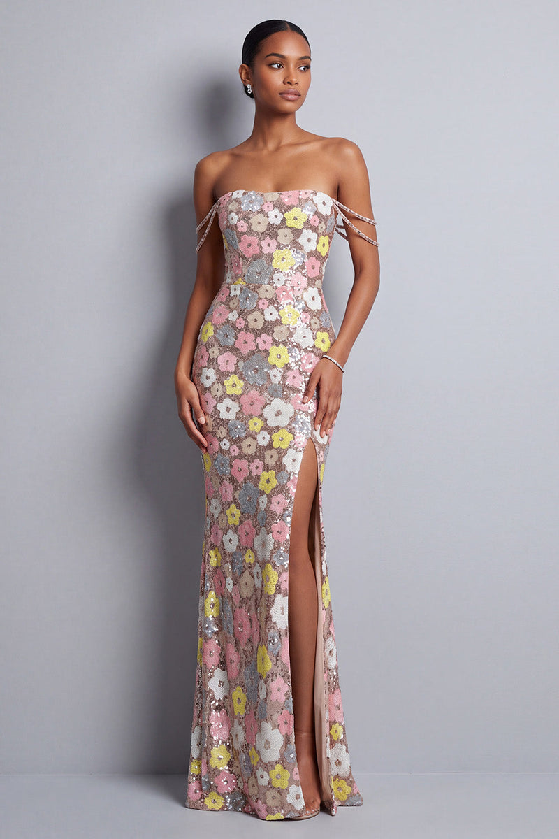 Load image into Gallery viewer, Sparkly Pink Sequin Floral Off the Shoulder Mermaid Long Prom Dress with Slit