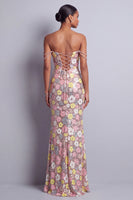 Load image into Gallery viewer, Sparkly Pink Sequin Floral Off the Shoulder Mermaid Long Prom Dress with Slit