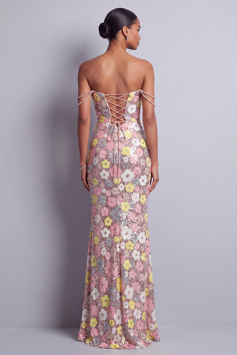 Load image into Gallery viewer, Sparkly Pink Sequin Floral Off the Shoulder Mermaid Long Prom Dress with Slit