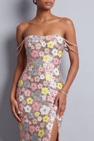 Load image into Gallery viewer, Sparkly Pink Sequin Floral Off the Shoulder Mermaid Long Prom Dress with Slit