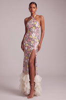 Load image into Gallery viewer, Sparkly Pink Ruffled Sequin Halter Floral Tiered Long Prom Dress with Slit