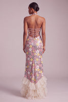Load image into Gallery viewer, Sparkly Pink Ruffled Sequin Halter Floral Tiered Long Prom Dress with Slit