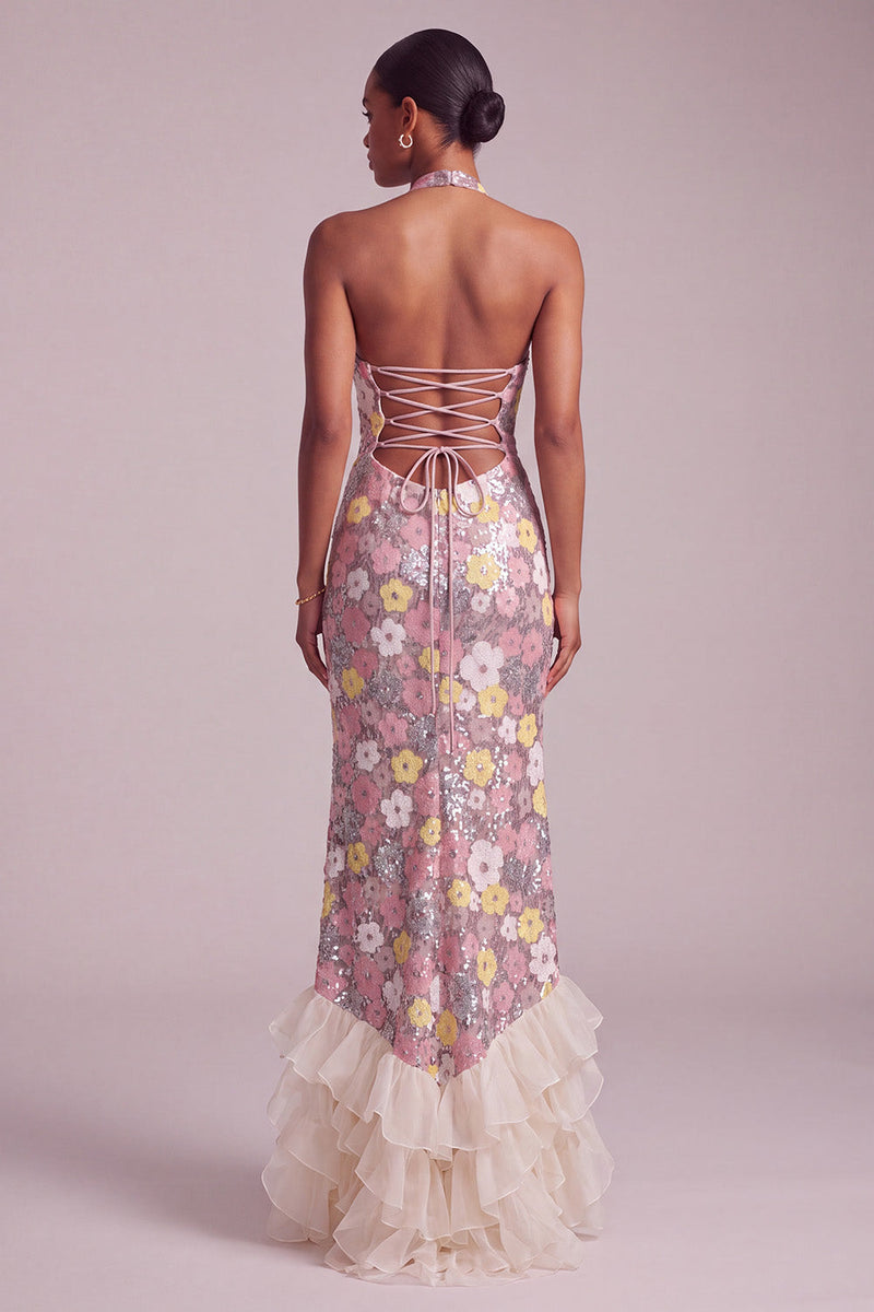 Load image into Gallery viewer, Sparkly Pink Ruffled Sequin Halter Floral Tiered Long Prom Dress with Slit