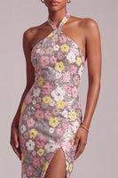 Load image into Gallery viewer, Sparkly Pink Ruffled Sequin Halter Floral Tiered Long Prom Dress with Slit