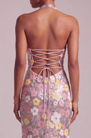 Load image into Gallery viewer, Sparkly Pink Ruffled Sequin Halter Floral Tiered Long Prom Dress with Slit
