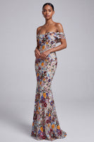 Load image into Gallery viewer, Sparkly Light Grey Floral Off the Shoulder Mermaid Long Prom Dress
