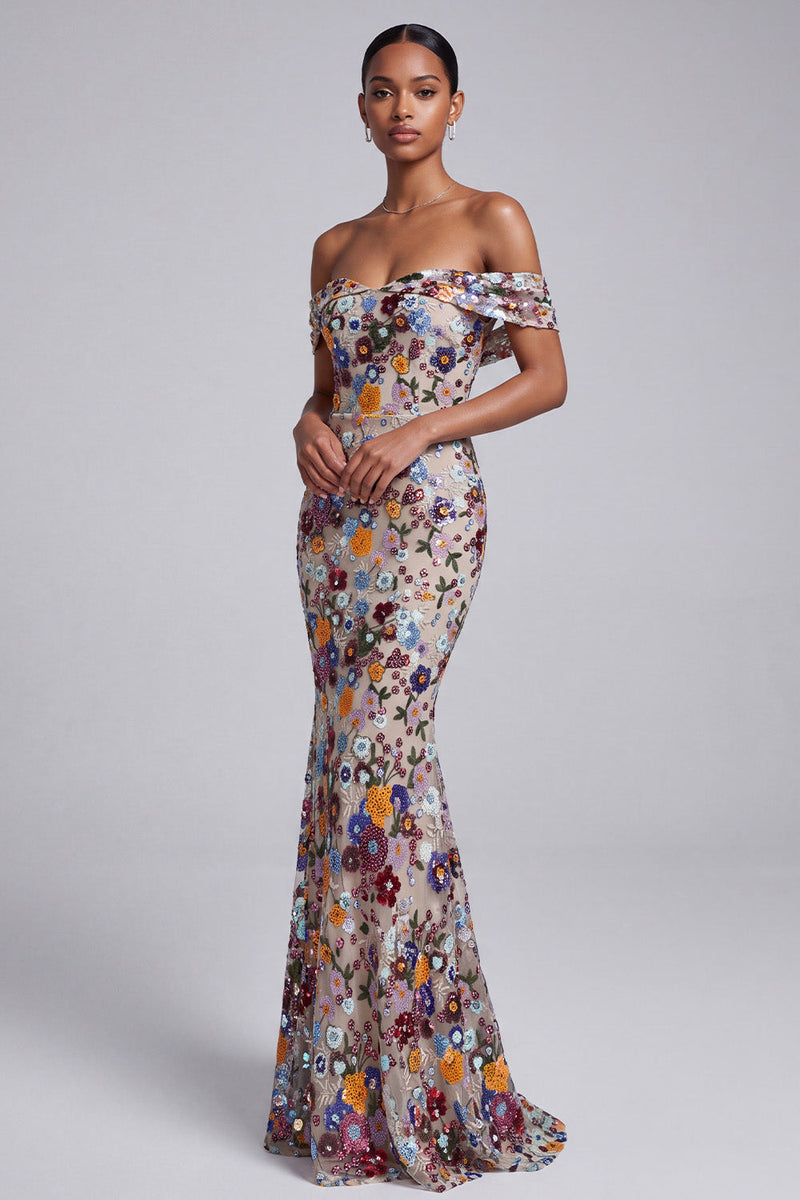 Load image into Gallery viewer, Sparkly Light Grey Floral Off the Shoulder Mermaid Long Prom Dress